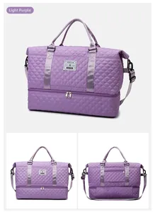 Detailed view of light purple quilted travel bag with independent bottom compartment