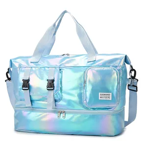 Blue iridescent large gym bag with wet dry separation and independent shoe compartment