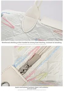Detail of reinforced stitching on handle and anti-oxidation metal zipper for white travel bag
