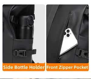 Vue détaillée de la poche latérale pour gourde et poche avant zippée du sac à dos noir