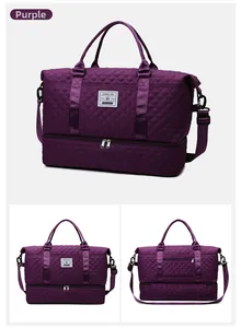 Macro view of burgundy quilted travel bag showing dry-wet separation and shoe compartment