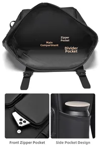 Detailed view of the black backpack interior compartments and functional side pockets