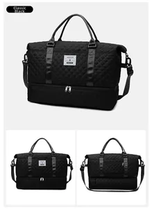 Close-up of black quilted travel bag with large capacity shoe compartment and straps
