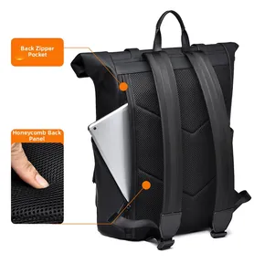 Detail of breathable honeycomb back panel and anti-theft zipper pocket on black backpack