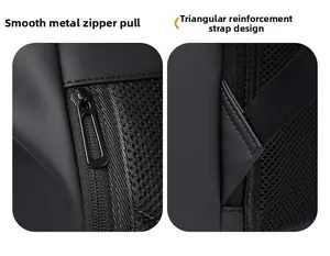 Detail of smooth metal zippers and reinforced triangle strap stitching on black backpack