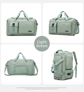 Détails du sac de voyage vert clair montrant les compartiments fonctionnels de face et de profil
