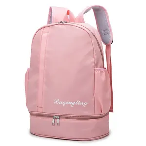 Pink waterproof dry wet separation travel backpack with shoe compartment and side pockets