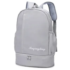 Large grey travel backpack with dry wet separation and bottom shoe compartment