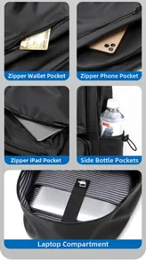 Detail showing laptop compartment, side water bottle pockets and striped interior lining