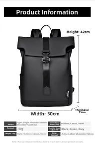 Dettaglio dello zaino da viaggio nero con dimensioni 42x30x15cm e chiusura a fibbia