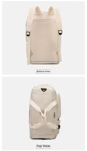 Vue détaillée du haut et du bas du sac de voyage multifonctionnel blanc crème