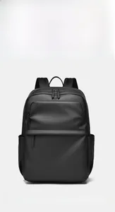 Front view of minimalist black PU leather 15.6 inch laptop backpack for commuting
