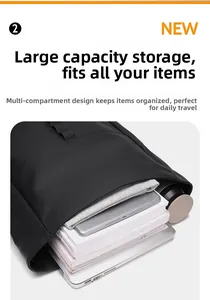 Detail showing large capacity storage and multi-compartment design of the black backpack