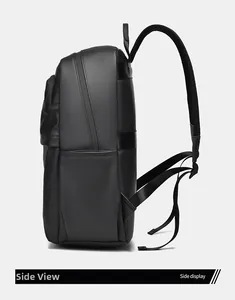 Side view of black PU laptop backpack showing side pocket and waterproof zipper detail