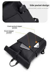 Detail view of waterproof roll-top backpack showing side pockets and vertical zipper pouches