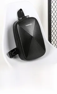 Detail view of anti-theft combination lock on men's carbon fiber texture chest bag