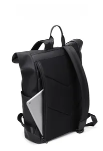 Waterproof roll-top backpack featuring a convenient side-access zipper for tablet storage