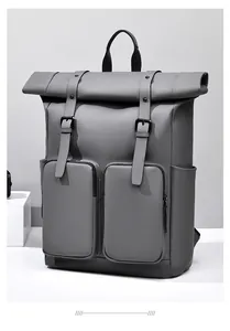 Close-up of waterproof synthetic leather roll-top backpack with dual buckle straps