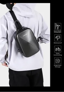 Detail of anti-theft hardshell chest bag with security lock and USB charging port