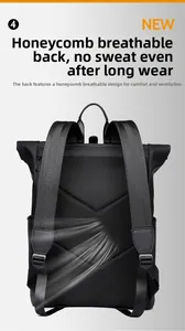 Detail of honeycomb breathable mesh back panel and padded straps on waterproof backpack