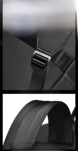 Detail of adjustable buckle and wide ergonomic shoulder strap on black PU backpack