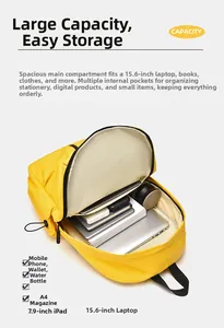 Vista interna de la mochila amarilla con compartimento para portátil de 15,6 pulgadas y espacio