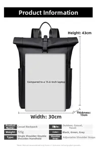 Size guide of black roll-top backpack showing 43x30x13 cm dimensions and weight