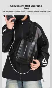 Detail of hardshell chest bag with carbon fiber texture and external USB charging port