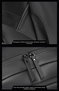 Detail of reinforced triangle straps and smooth metal zippers on a black PU laptop backpack