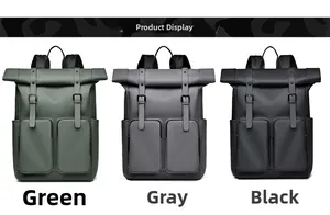 Roll-top waterproof backpacks in green, grey, and black colors with buckle straps