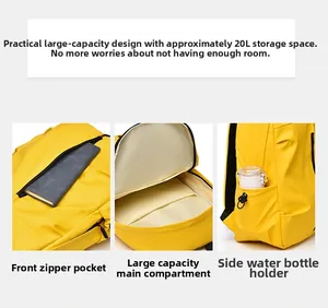 Vista detallada de la mochila de nailon amarillo con interior de 20L y bolsillos laterales