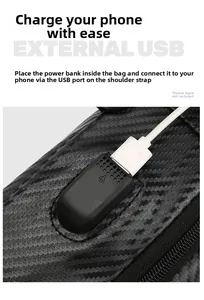 Detail of the side USB charging port and carbon fiber texture on men's crossbody chest bag