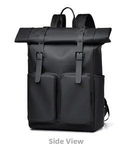 Three-quarter view of a black roll-top backpack featuring waterproof matte fabric and dual pockets