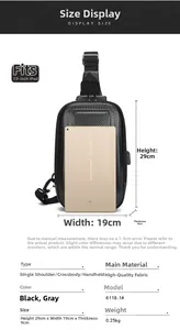 Detailed size guide for black chest bag with 29x19x9cm dimensions and iPad capacity