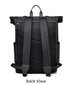 Detail of breathable honeycomb back panel and ergonomic padded straps on black backpack
