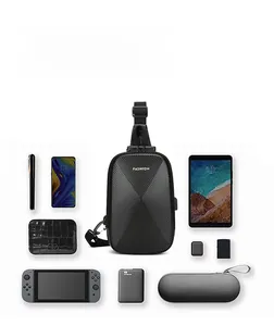 Business chest bag with carbon fiber texture showing storage capacity for electronics