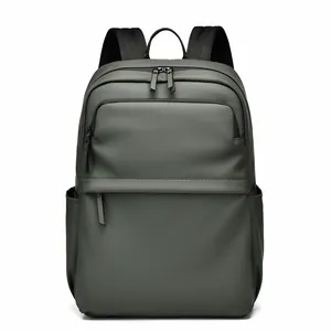 Minimalist waterproof PU laptop backpack for 15.6 inch computers in dark olive green