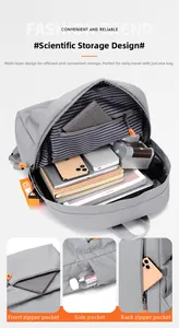 Detail of light grey travel backpack showing multi-layer storage and anti-theft pockets