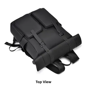 Detail view of the black matte leather backpack featuring a roll-top and buckle closure