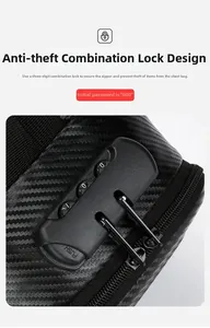 Detail of the anti-theft 3-digit combination lock on black carbon fiber texture chest bag
