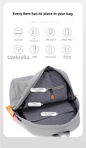 Detailed interior of gray backpack showing compartments for laptop, A4 documents and accessories