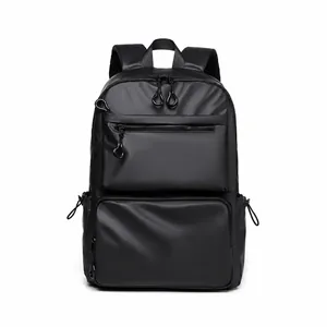 Detailed front view of black waterproof business backpack with double zipper compartments