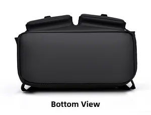 Detailed bottom view of a black waterproof backpack showing sturdy seams and mesh panels