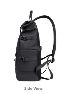 Vue latérale du sac à dos d'affaires roll-top noir avec boucles et rembourrage mesh