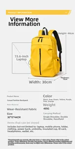 Detalle de dimensiones 30x15x44cm y peso de 485g para la mochila amarilla de moda