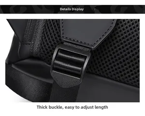 Detail of durable adjustable buckle and breathable mesh on black tactical backpack