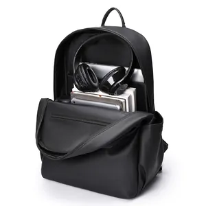 Minimalist black 15.6 inch laptop backpack with waterproof PU material and large capacity