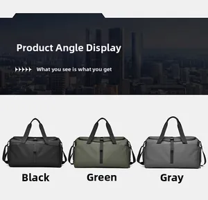 Collezione di borse da viaggio impermeabili in nero, verde e grigio con scomparti interni
