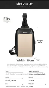 Detailed size chart for men's chest bag showing dimensions 29x19x9cm and 0.25kg weight