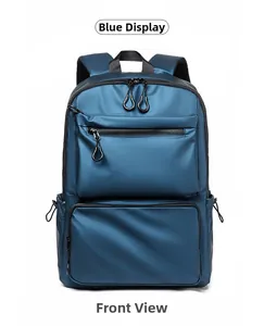 Front view of deep blue waterproof travel backpack with multiple functional zip pockets
